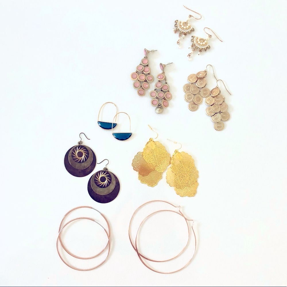7 Pairs of Earrings waterfall dangle hoops gold